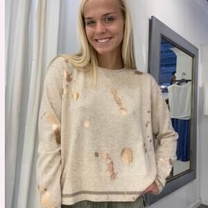 Brodie Cashmere- Splatter Champagne Foil Jumper- Light Brown Sz M